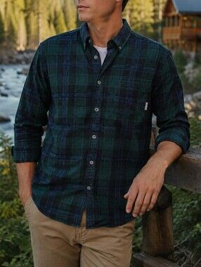 Eddie Bauer Men’s Green Navy Plaid Cotton Button Down Flannel Shirt Casual
